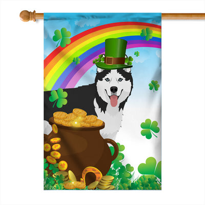 Siberian Husky St Patrick's Day Dog Flag Funny Peeking Dog Wear Green Hat Golden Pot Coin Shamrock Rainbow Spring Banner for Home Decor | siriusteestore