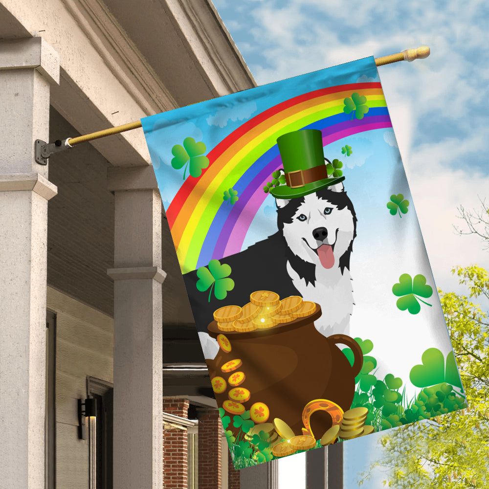 Siberian Husky St Patrick's Day Dog Flag Funny Peeking Dog Wear Green Hat Golden Pot Coin Shamrock Rainbow Spring Banner for Home Decor | siriusteestore