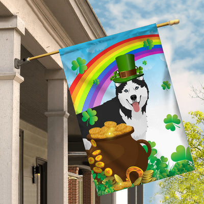 Siberian Husky St Patrick's Day Dog Flag Funny Peeking Dog Wear Green Hat Golden Pot Coin Shamrock Rainbow Spring Banner for Home Decor | siriusteestore