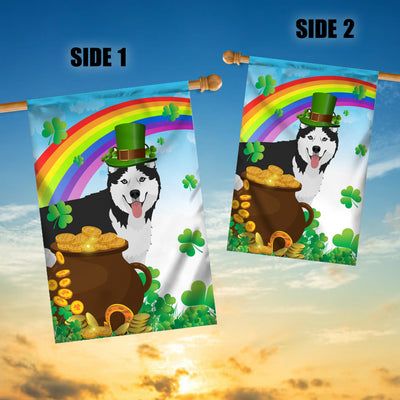 Siberian Husky St Patrick's Day Dog Flag Funny Peeking Dog Wear Green Hat Golden Pot Coin Shamrock Rainbow Spring Banner for Home Decor | siriusteestore