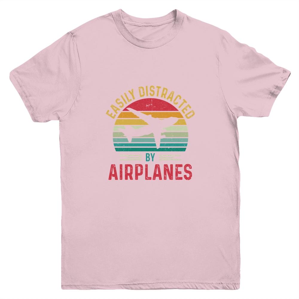 Vintage Easily Distracted By Airplanes Funny Pilot Flying Youth Shirt | Siriustee.com