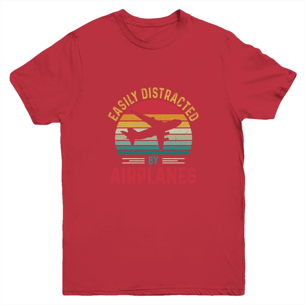 Vintage Easily Distracted By Airplanes Funny Pilot Flying Youth Shirt | Siriustee.com