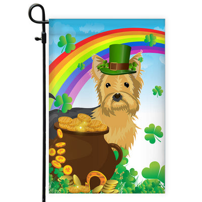Yorkie St Patrick's Day Dog Flag Funny Peeking Dog Wear Green Hat Golden Pot Coin Shamrock Rainbow Spring Banner for Home Decor | siriusteestore