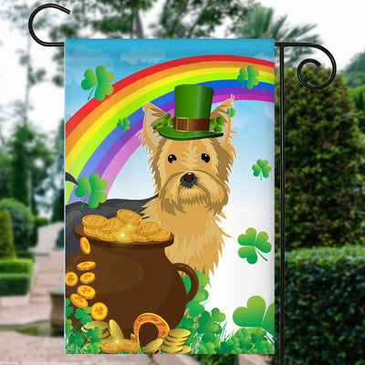 Yorkie St Patrick's Day Dog Flag Funny Peeking Dog Wear Green Hat Golden Pot Coin Shamrock Rainbow Spring Banner for Home Decor | siriusteestore