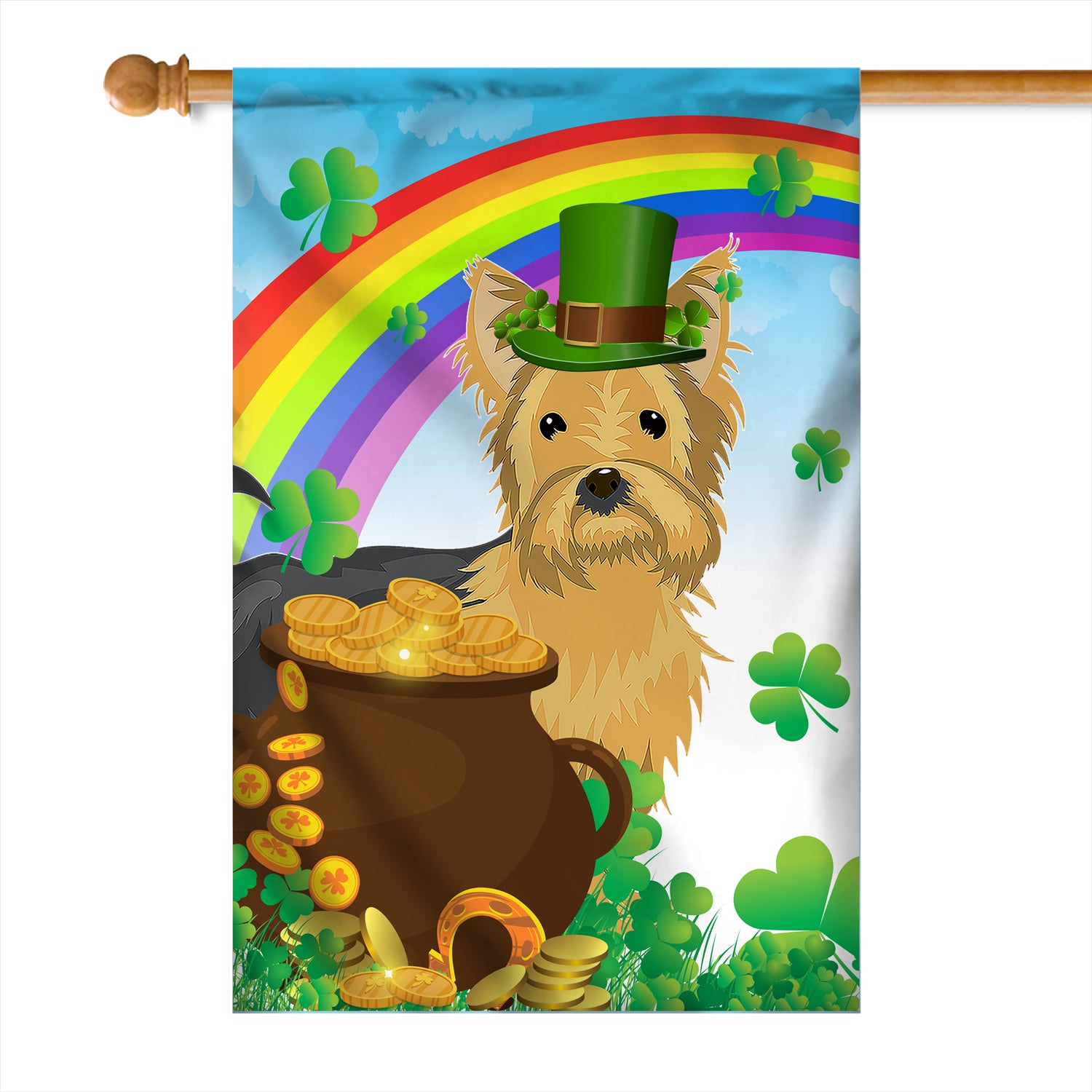 Yorkie St Patrick's Day Dog Flag Funny Peeking Dog Wear Green Hat Golden Pot Coin Shamrock Rainbow Spring Banner for Home Decor | siriusteestore