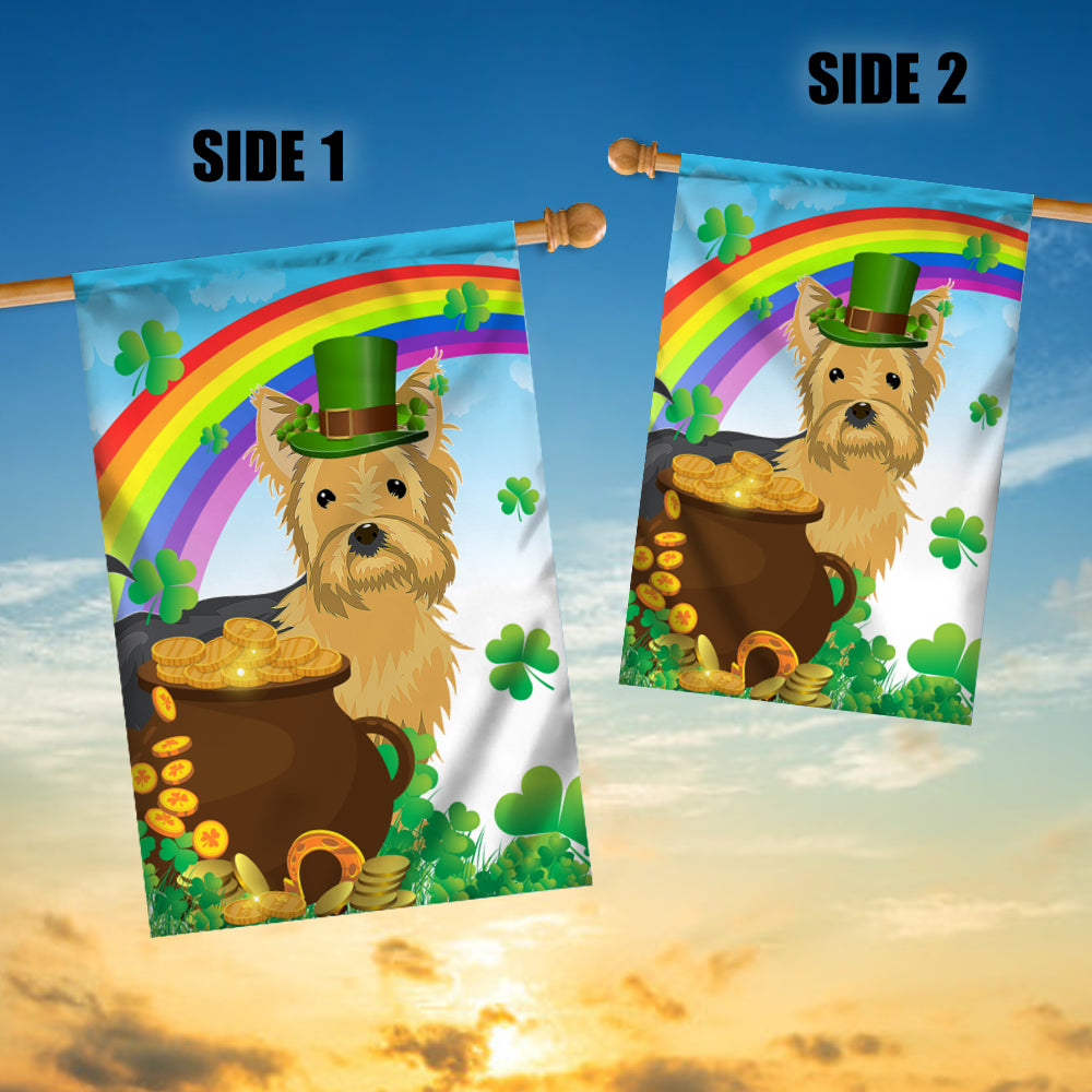 Yorkie St Patrick's Day Dog Flag Funny Peeking Dog Wear Green Hat Golden Pot Coin Shamrock Rainbow Spring Banner for Home Decor | siriusteestore