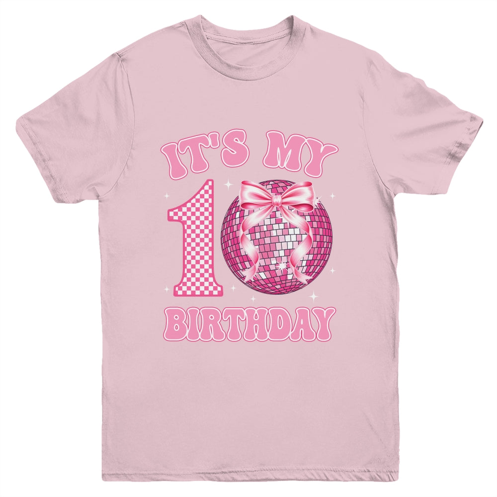 10th Birthday Coquette Bow Disco Ball 10 Year Old Birthday Youth Shirt | siriusteestore