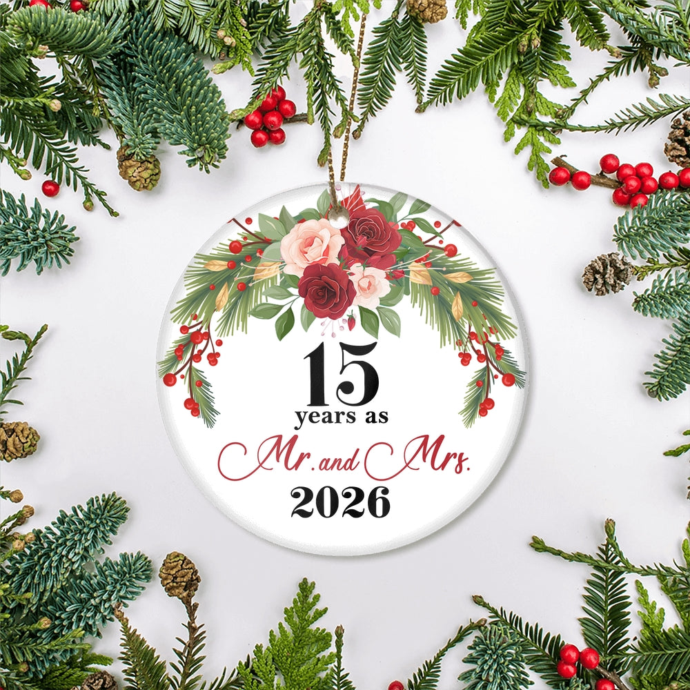 15th Wedding Anniversary 15 Years As Mr & Mrs 2025 Christmas Ornaments Gifts For Couples Husband Wife Holiday Decoration Christmas Tree Ornament | siriusteestore