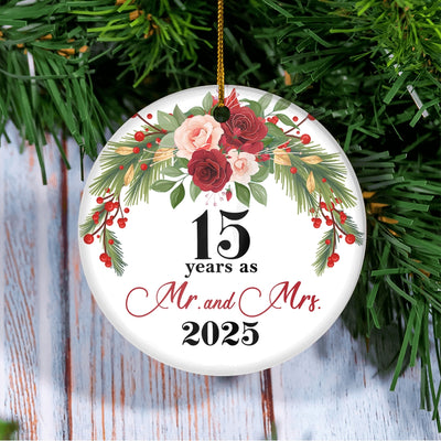 15th Wedding Anniversary 15 Years As Mr & Mrs 2025 Christmas Ornaments Gifts For Couples Husband Wife Holiday Decoration Christmas Tree Ornament | siriusteestore