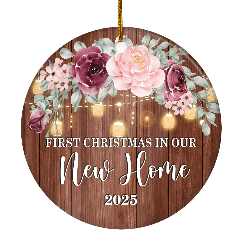 2025 First Christmas In Our New Home Mr And Mrs Gift Burgundy Flower For Wedding Newlywed Couple 2025 Christmas Tree Ornament | siriusteestore