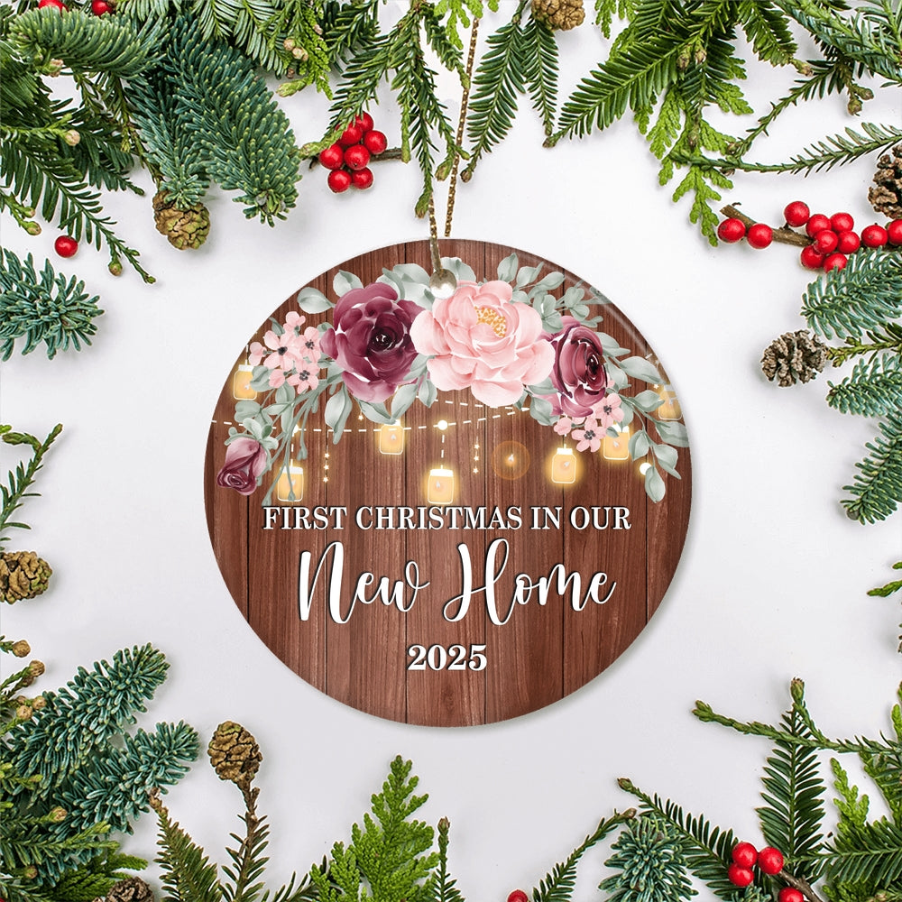 2025 First Christmas In Our New Home Mr And Mrs Gift Burgundy Flower For Wedding Newlywed Couple 2025 Christmas Tree Ornament | siriusteestore