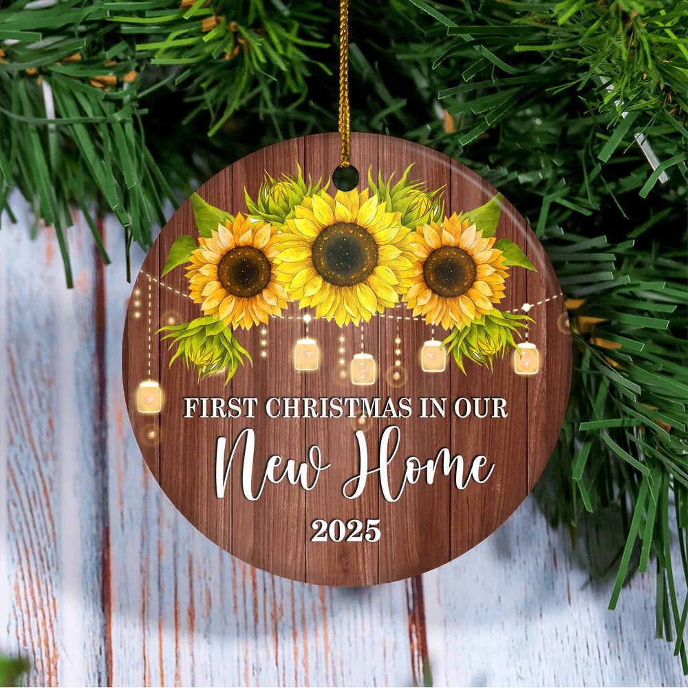 2025 First Christmas In Our New Home Mr And Mrs Gift Sunflower For Wedding Newlywed Couple 2025 Christmas Tree Ornament | siriusteestore