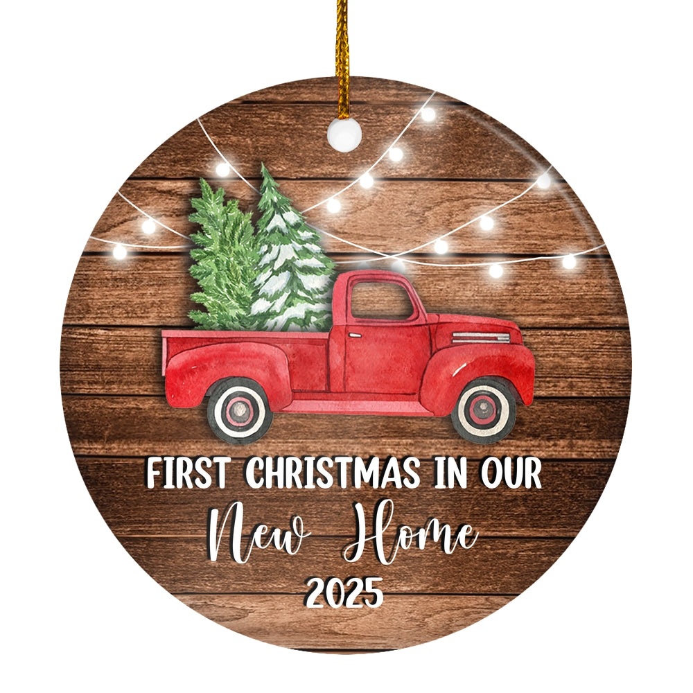 2025 First Christmas In Our New Home Red Car mr and mrs Truck Gift for Newlywed Couple 2025 Christmas Tree Ornament | siriusteestore