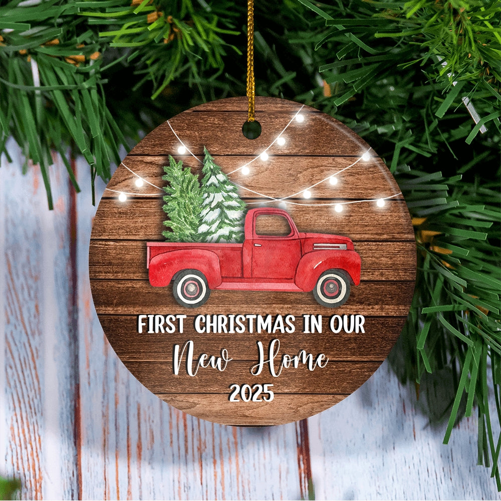 2025 First Christmas In Our New Home Red Car mr and mrs Truck Gift for Newlywed Couple 2025 Christmas Tree Ornament | siriusteestore