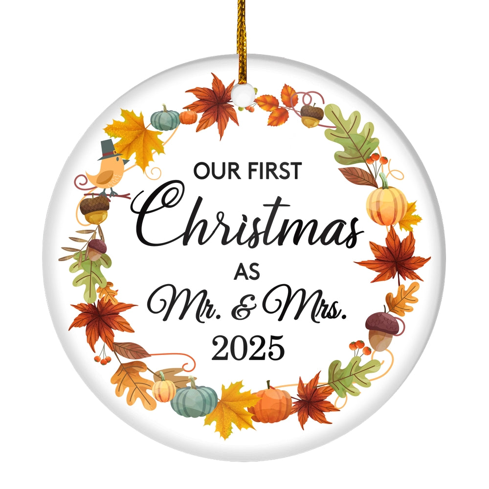 2025 Our First Christmas As Mr And Mrs Gift Autumn Leaf For Wedding Newlywed Couple 2025 Christmas Tree Ornament | siriusteestore