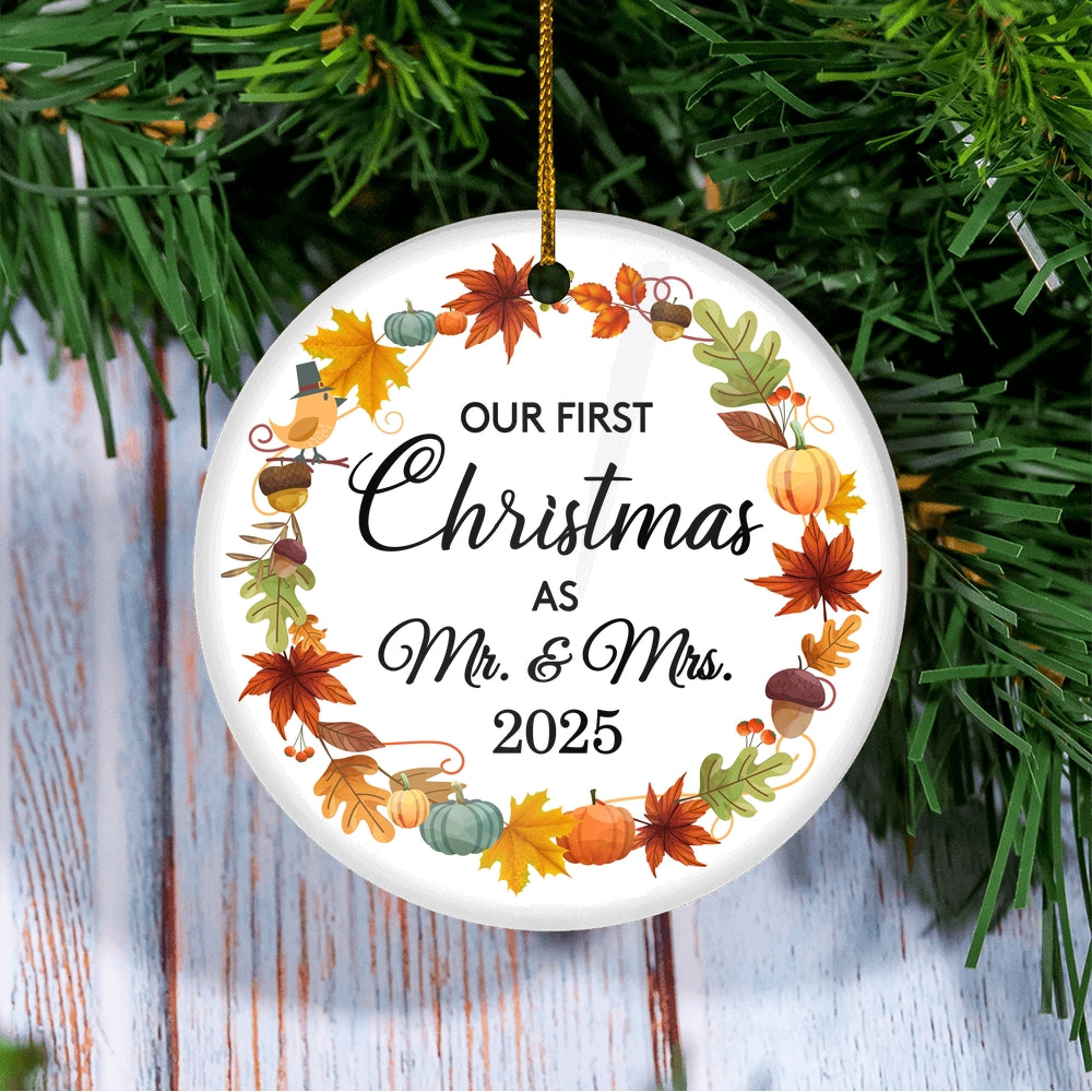 2025 Our First Christmas As Mr And Mrs Gift Autumn Leaf For Wedding Newlywed Couple 2025 Christmas Tree Ornament | siriusteestore