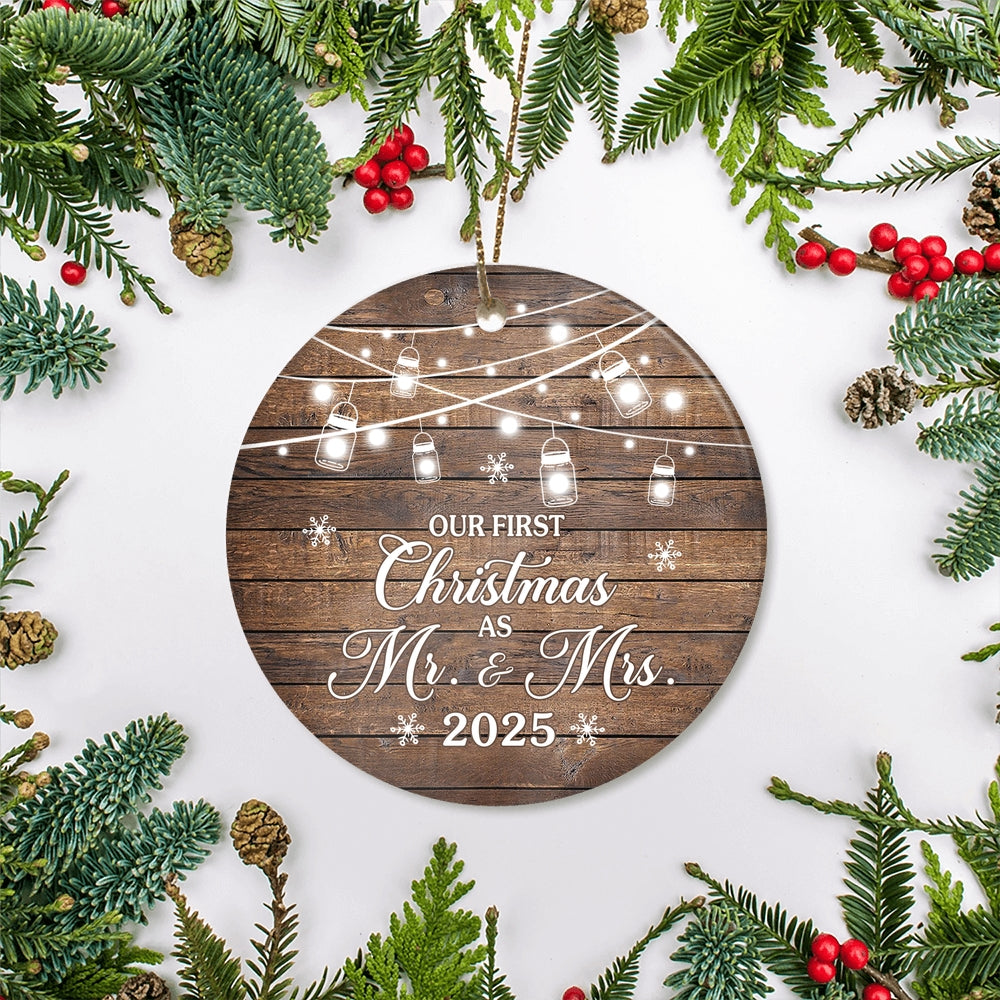 2025 Our First Christmas As Mr And Mrs Gift Brown For Wedding Newlywed Couple 2025 Christmas Tree Ornament | siriusteestore