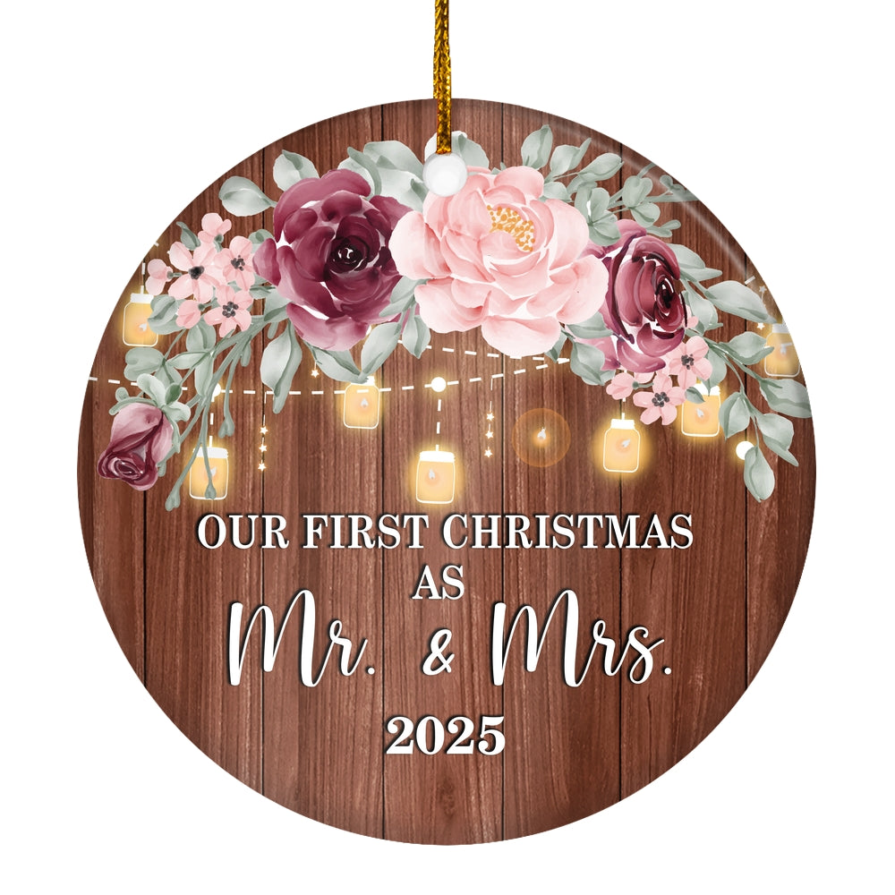 2025 Our First Christmas As Mr And Mrs Gift Burgundy Flower For Wedding Newlywed Couple 2025 Christmas Tree Ornament | siriusteestore
