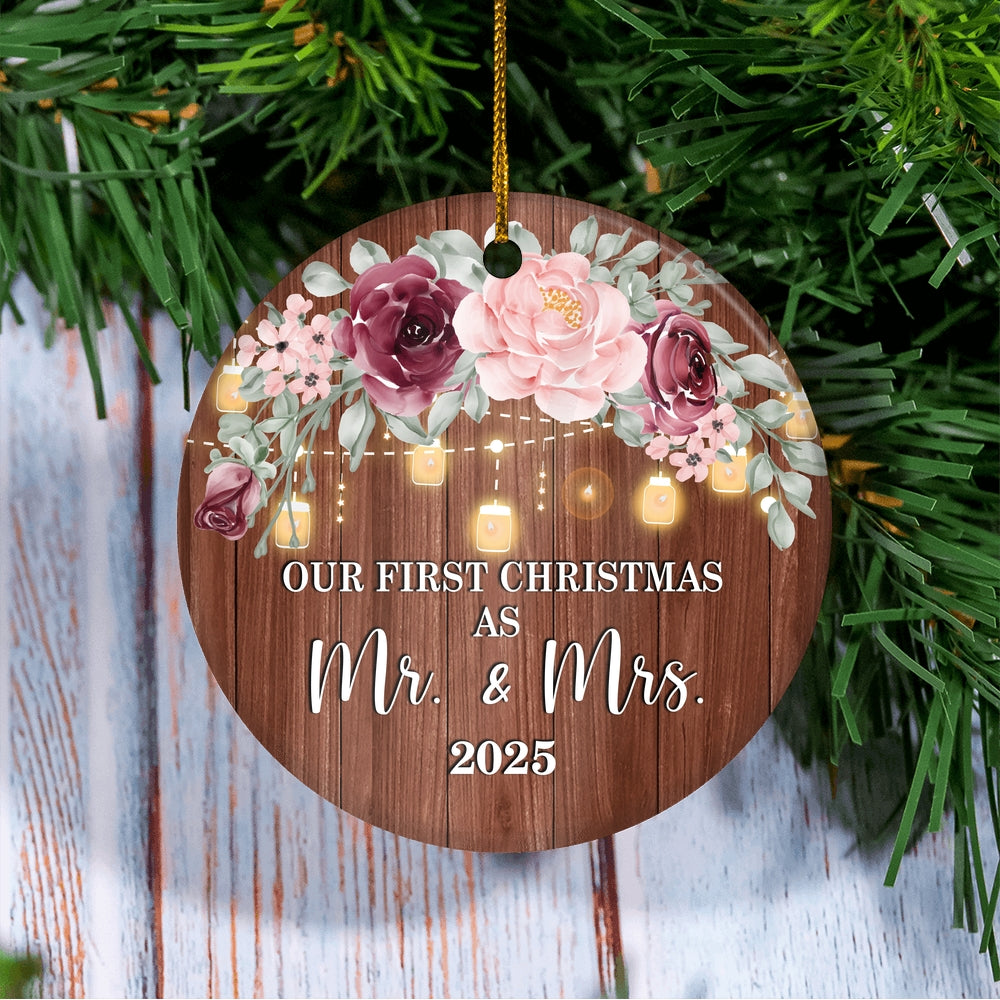 2025 Our First Christmas As Mr And Mrs Gift Burgundy Flower For Wedding Newlywed Couple 2025 Christmas Tree Ornament | siriusteestore