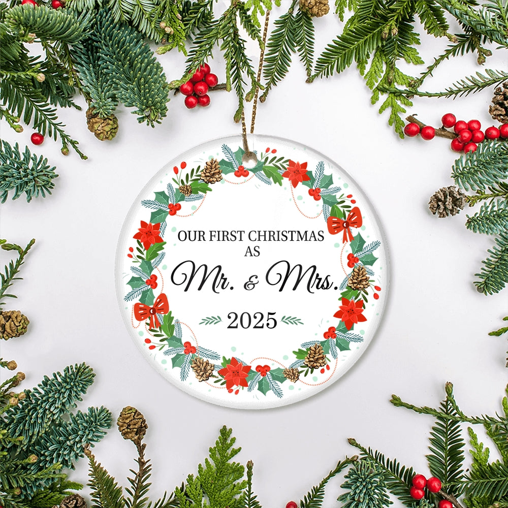 2025 Our First Christmas As Mr And Mrs Gift Christmas Flower For Wedding Newlywed Couple 2025 Christmas Tree Ornament | siriusteestore
