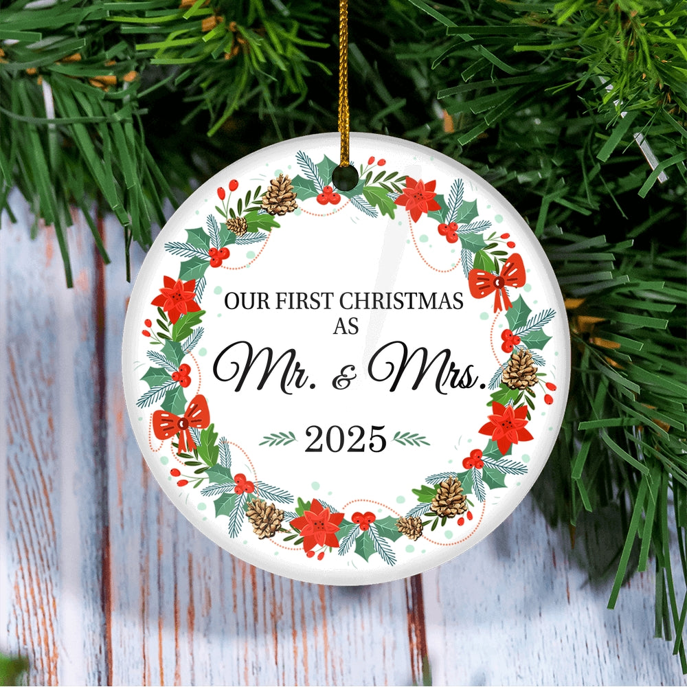 2025 Our First Christmas As Mr And Mrs Gift Christmas Flower For Wedding Newlywed Couple 2025 Christmas Tree Ornament | siriusteestore