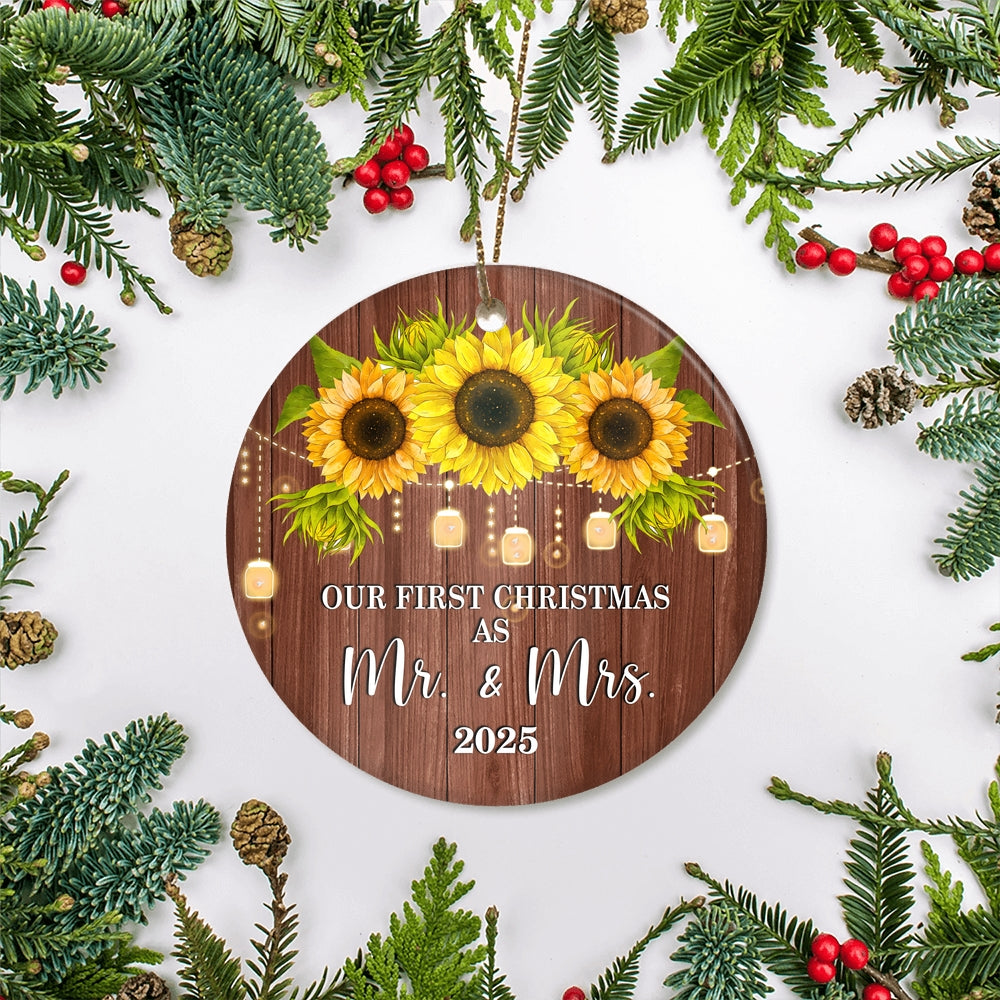 2025 Our First Christmas As Mr And Mrs Gift Sunflower For Wedding Newlywed Couple 2025 Christmas Tree Ornament | siriusteestore