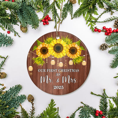 2025 Our First Christmas As Mr And Mrs Gift Sunflower For Wedding Newlywed Couple 2025 Christmas Tree Ornament | siriusteestore