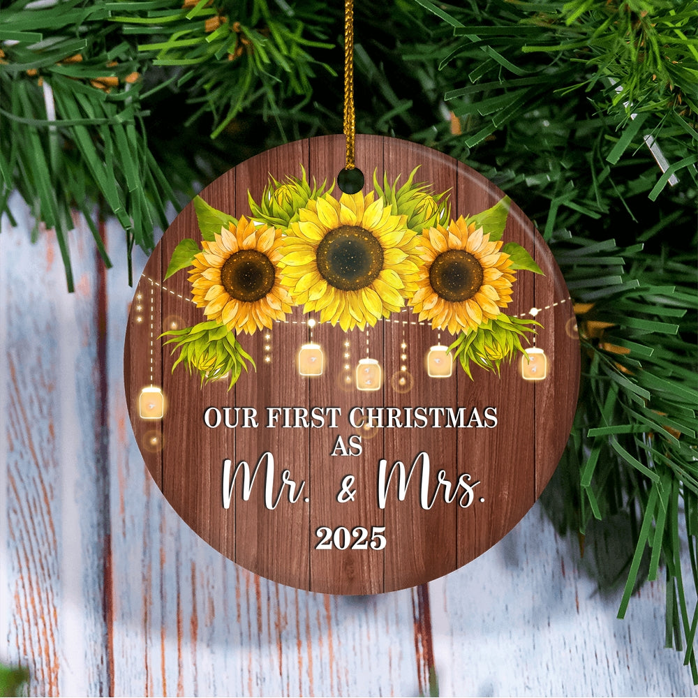 2025 Our First Christmas As Mr And Mrs Gift Sunflower For Wedding Newlywed Couple 2025 Christmas Tree Ornament | siriusteestore