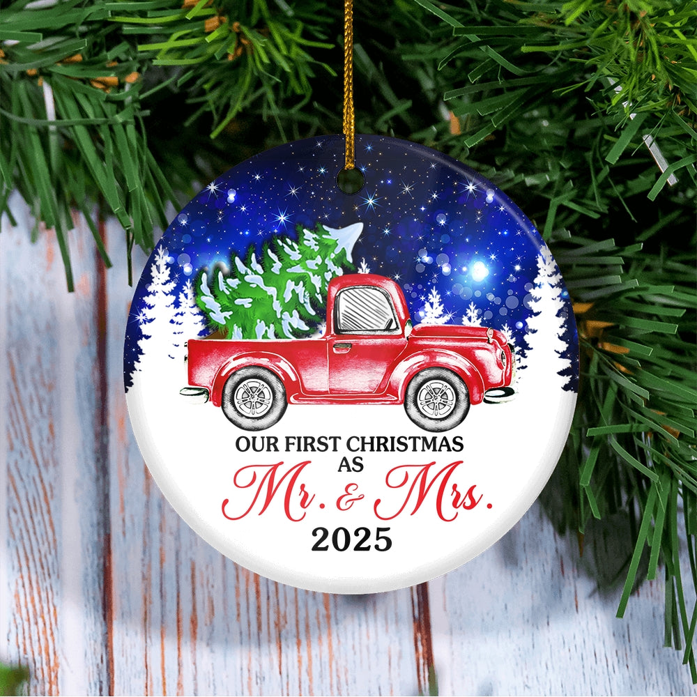 2025 Our First Christmas As Mr And Mrs Red Truck Tree For Wedding Newlywed Couple 2025 Christmas Tree Ornament | siriusteestore