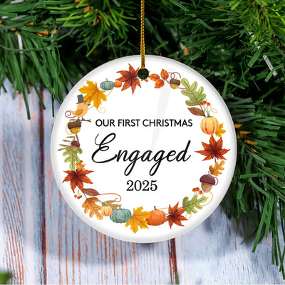 2025 Our First Christmas Engaged Just Married Autumn Leaf Gift For Wedding Newlywed Couple 2025 Christmas Tree Ornament | siriusteestore