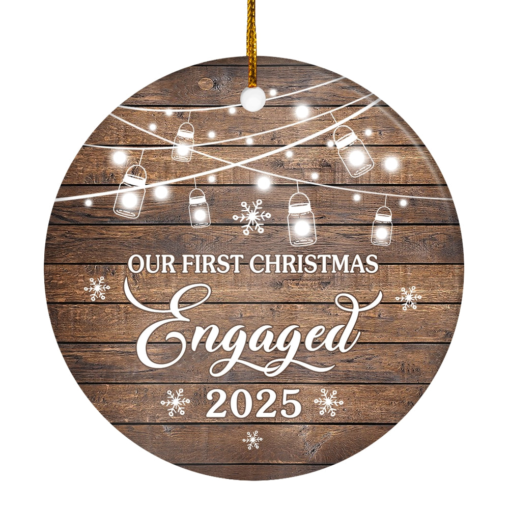 2025 Our First Christmas Engaged Just Married Brown Gift For Wedding Newlywed Couple 2025 Christmas Tree Ornament | siriusteestore