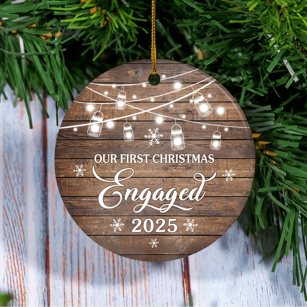 2025 Our First Christmas Engaged Just Married Brown Gift For Wedding Newlywed Couple 2025 Christmas Tree Ornament | siriusteestore