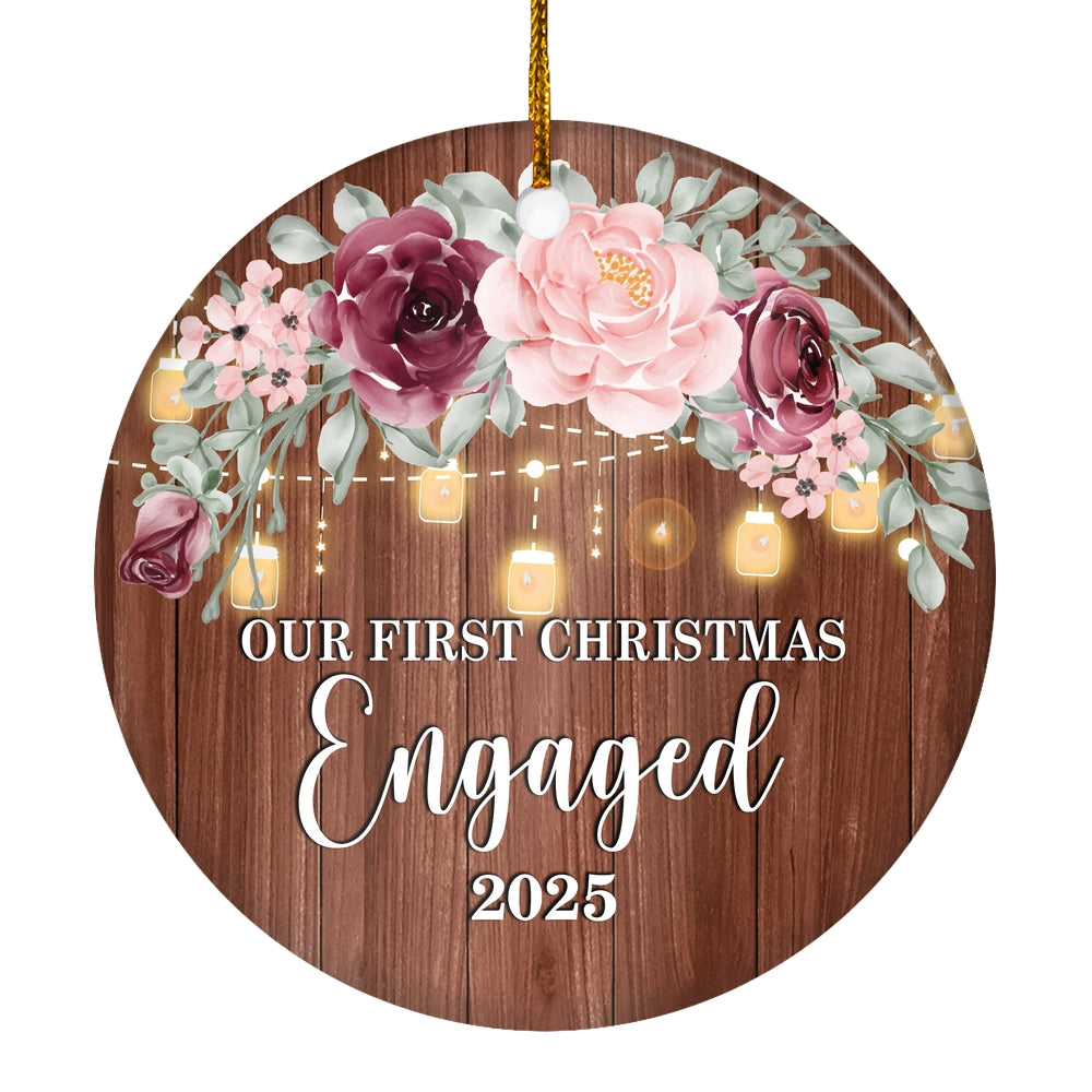 2025 Our First Christmas Engaged Just Married Burgundy Flower Gift For Wedding Newlywed Couple 2025 Christmas Tree Ornament | siriusteestore