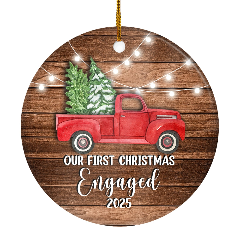 2025 Our First Christmas Engaged Just Married Red Car Truck Gift for Newlywed Couple 2025 Christmas Tree Ornament | siriusteestore