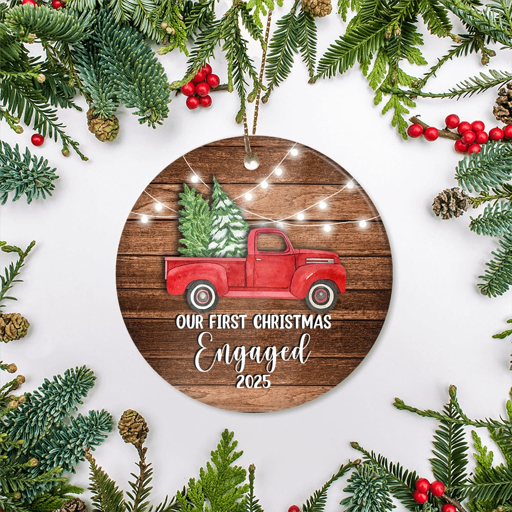 2025 Our First Christmas Engaged Just Married Red Car Truck Gift for Newlywed Couple 2025 Christmas Tree Ornament | siriusteestore