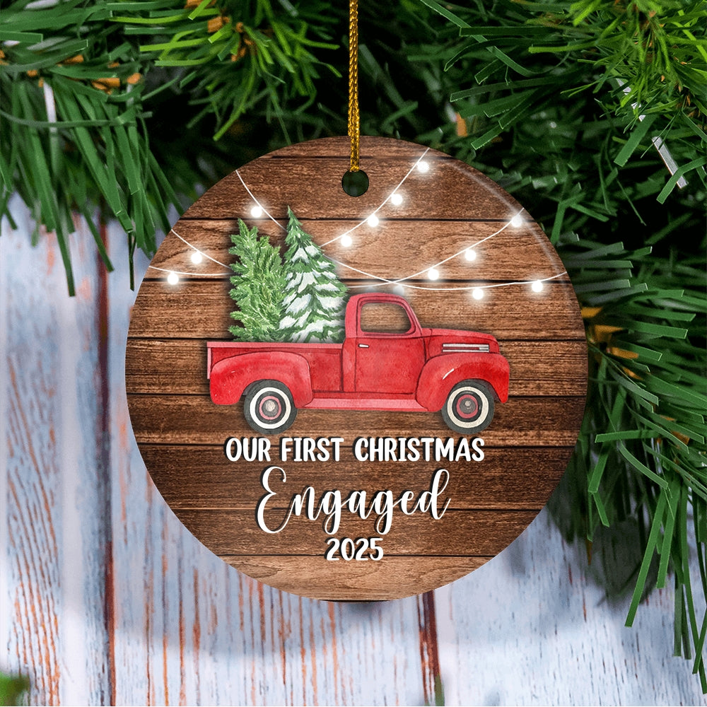 2025 Our First Christmas Engaged Just Married Red Car Truck Gift for Newlywed Couple 2025 Christmas Tree Ornament | siriusteestore