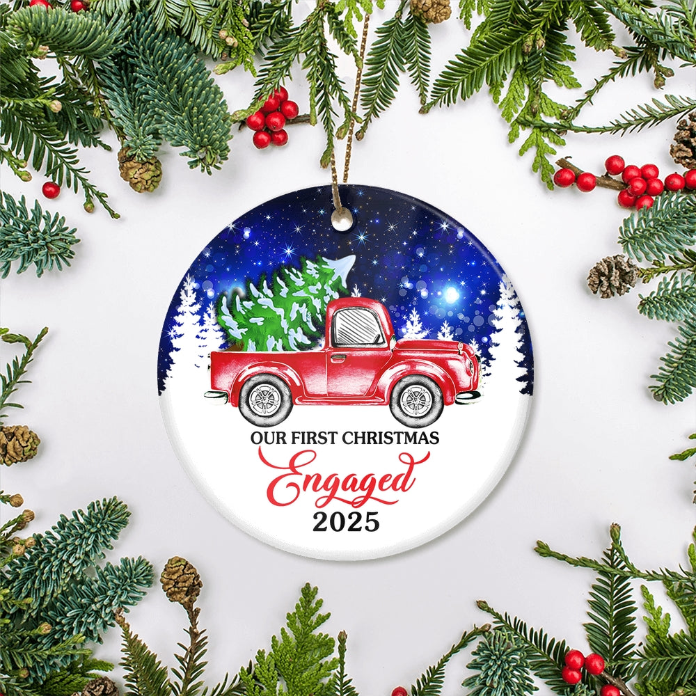 2025 Our First Christmas Engaged Just Married Red Truck Tree For Wedding Newlywed Couple 2025 Christmas Tree Ornament | siriusteestore