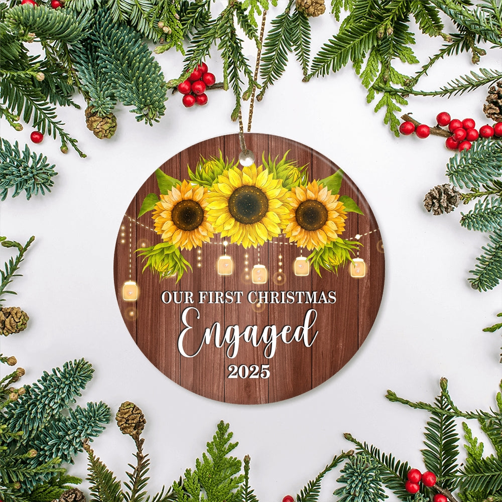 2025 Our First Christmas Engaged Just Married Sunflower Gift For Wedding Newlywed Couple 2025 Christmas Tree Ornament | siriusteestore