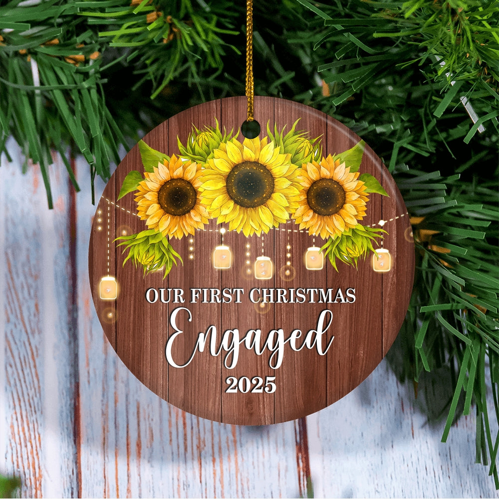2025 Our First Christmas Engaged Just Married Sunflower Gift For Wedding Newlywed Couple 2025 Christmas Tree Ornament | siriusteestore