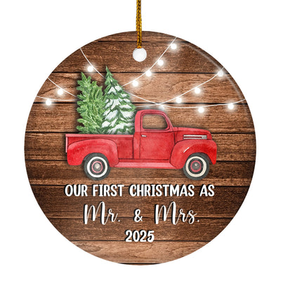 2025 Our First Christmas In Our New Home as mr and mrs Red Car Truck Gift for Newlywed Couple 2025 Christmas Tree Ornament | siriusteestore