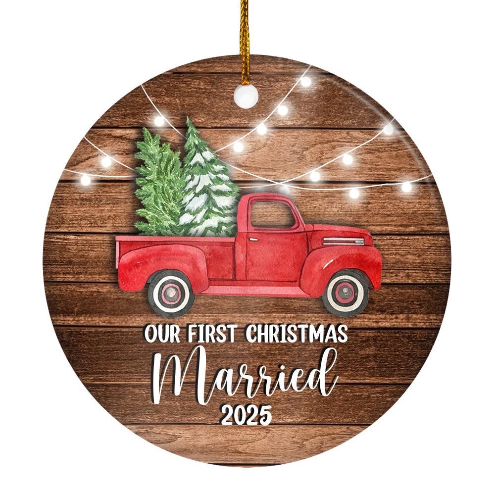 2025 Our First Christmas Married MR and MRS Red Car Truck Gift for Newlywed Couple 2025 Christmas Tree Ornament | siriusteestore