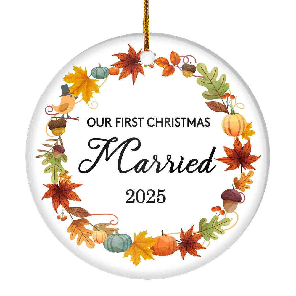 2025 Our First Christmas Married Mr And Mrs Gift Autumn Leaf For Wedding Newlywed Couple 2025 Christmas Tree Ornament | siriusteestore