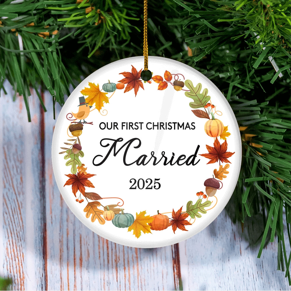 2025 Our First Christmas Married Mr And Mrs Gift Autumn Leaf For Wedding Newlywed Couple 2025 Christmas Tree Ornament | siriusteestore