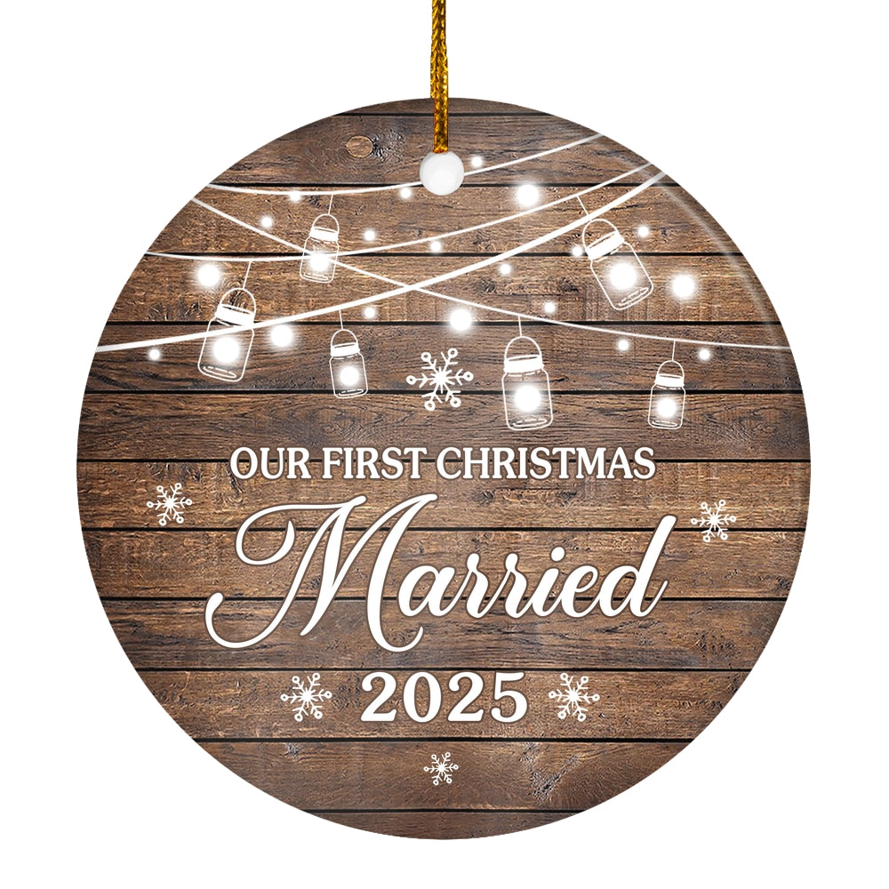 2025 Our First Christmas Married Mr And Mrs Gift Brown For Wedding Newlywed Couple 2025 Christmas Tree Ornament | siriusteestore