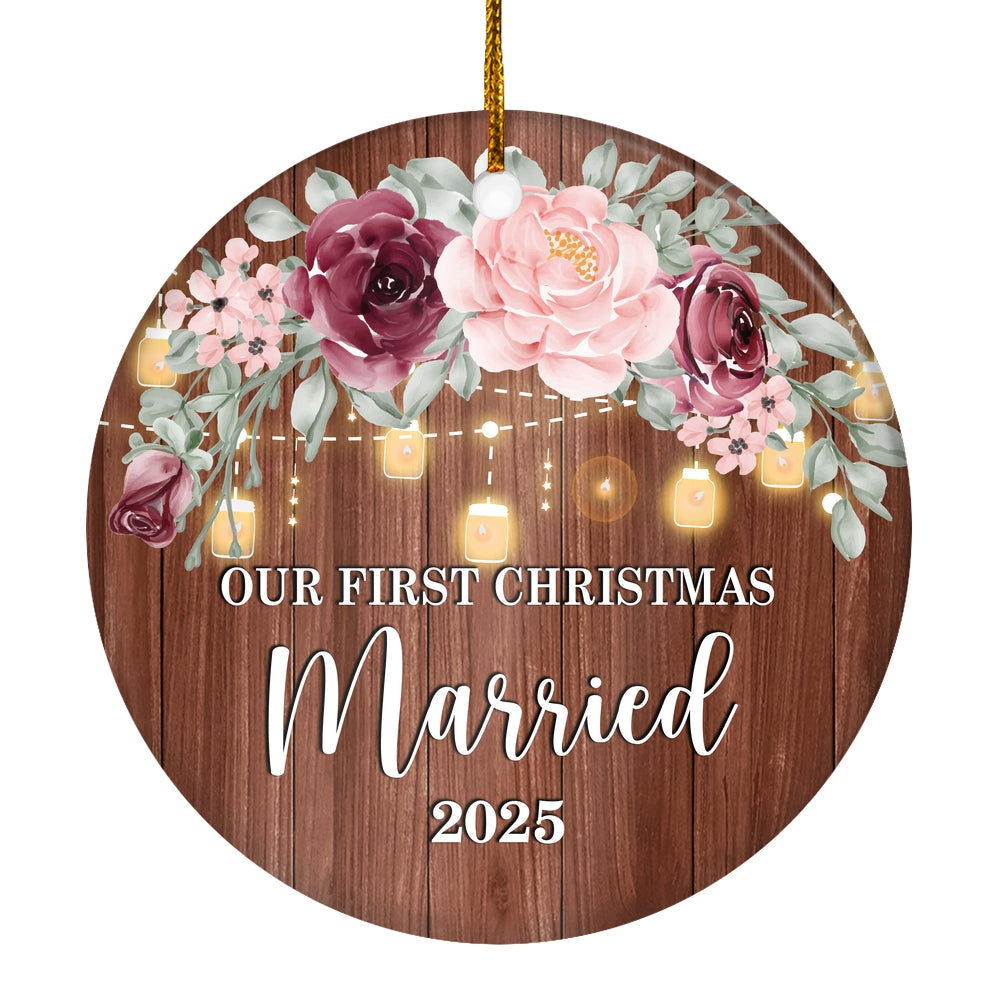 2025 Our First Christmas Married Mr And Mrs Gift Burgundy Flower For Wedding Newlywed Couple 2025 Christmas Tree Ornament | siriusteestore
