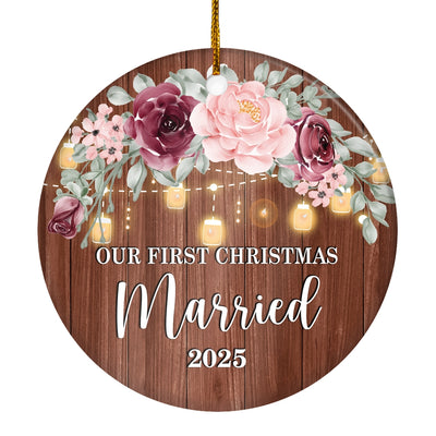 2025 Our First Christmas Married Mr And Mrs Gift Burgundy Flower For Wedding Newlywed Couple 2025 Christmas Tree Ornament | siriusteestore