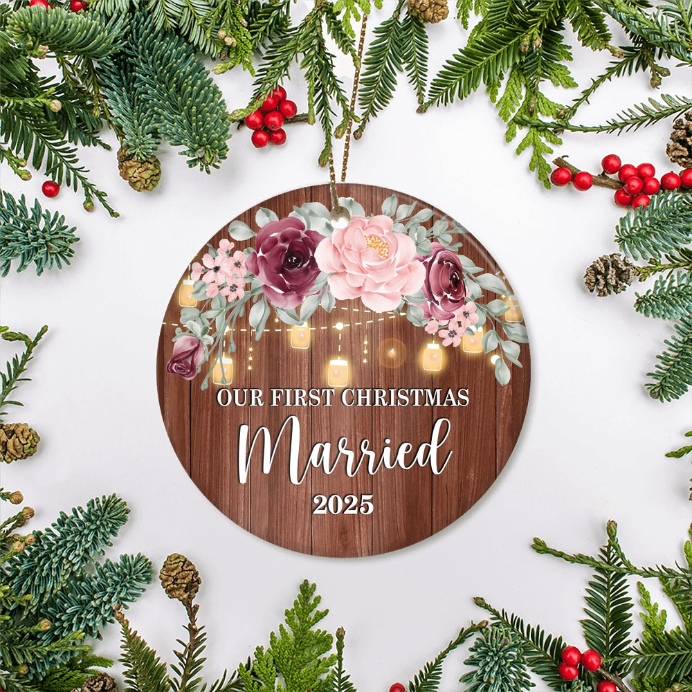 2025 Our First Christmas Married Mr And Mrs Gift Burgundy Flower For Wedding Newlywed Couple 2025 Christmas Tree Ornament | siriusteestore