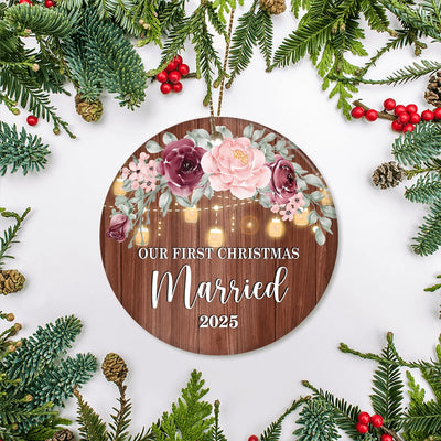2025 Our First Christmas Married Mr And Mrs Gift Burgundy Flower For Wedding Newlywed Couple 2025 Christmas Tree Ornament | siriusteestore