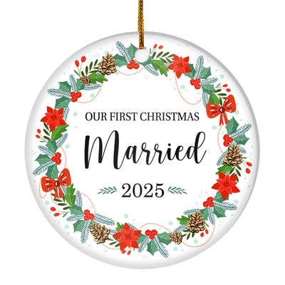 2025 Our First Christmas Married Mr And Mrs Gift Christmas Flower For Wedding Newlywed Couple 2025 Christmas Tree Ornament | siriusteestore