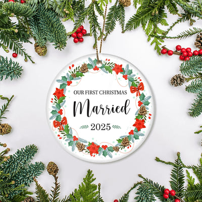 2025 Our First Christmas Married Mr And Mrs Gift Christmas Flower For Wedding Newlywed Couple 2025 Christmas Tree Ornament | siriusteestore
